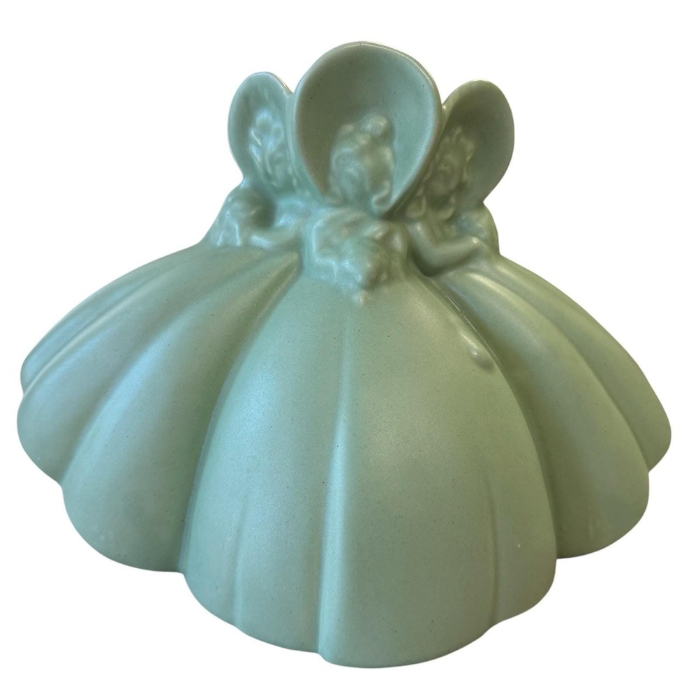Vintage MCM Sage Green Pottery Three Girls Bonnet Sash Figural Vase Planter